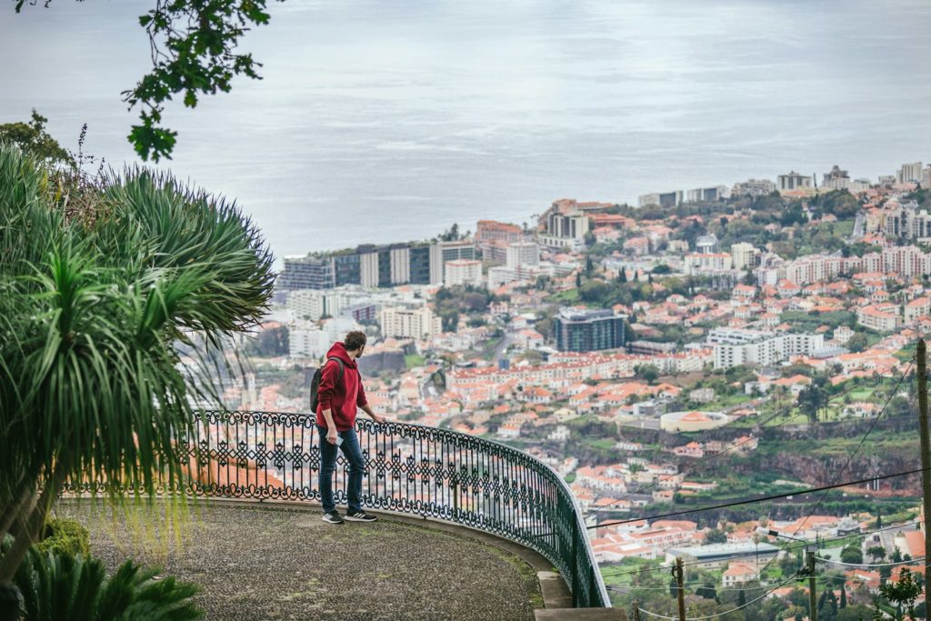 a man standing on top of a hill overlooking a city