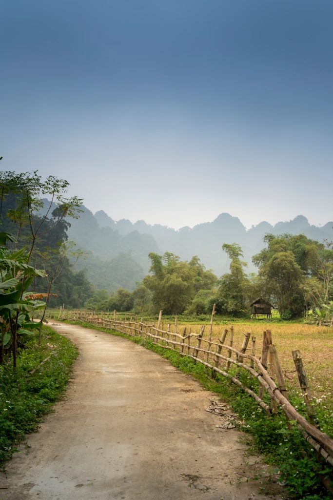 a dirt road with a wooden fence and mountains in the background
