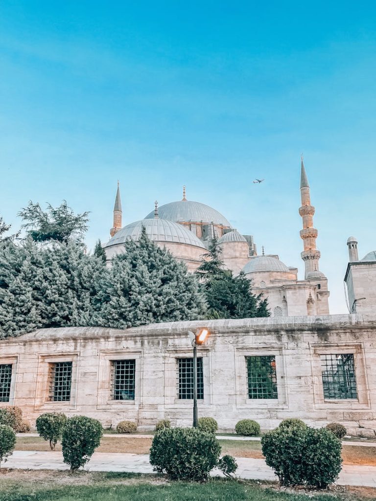 A stunning view of a historic mosque in Istanbul with clear skies and lush greenery.