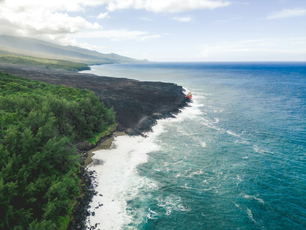 An aerial view of the ocean and a beach