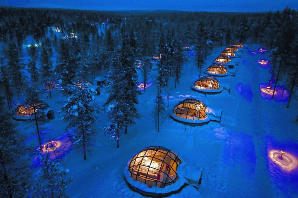 glass igloos at the dusk