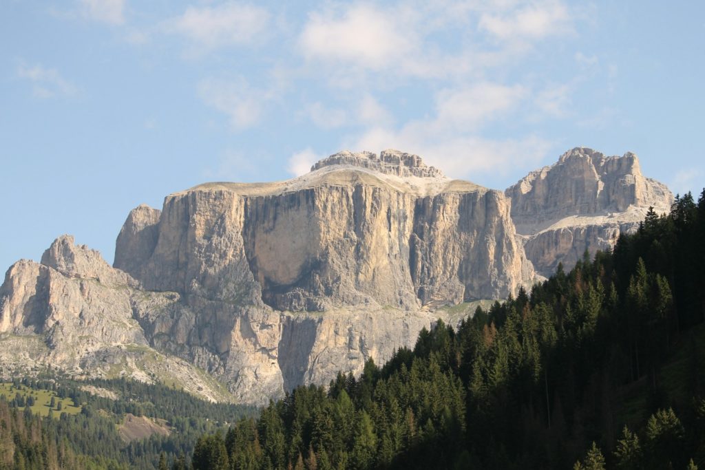 A mountain range with trees in the foreground