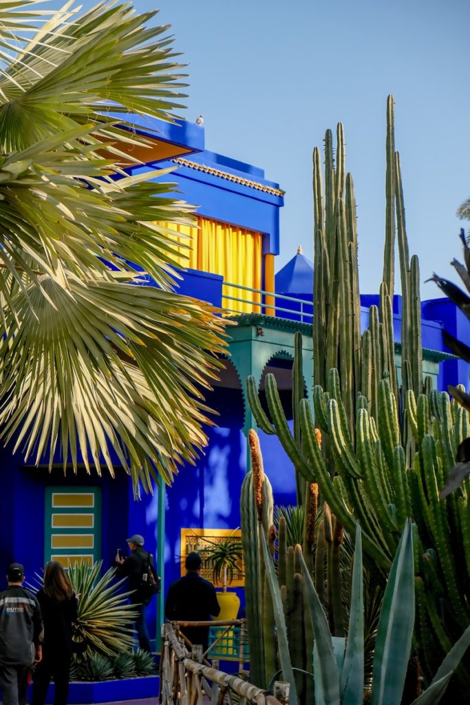 Bright blue building surrounded by lush greenery.